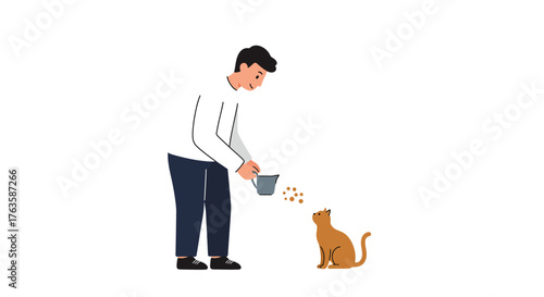 Man feeding cat with kibble: minimalist cartoon style on white background