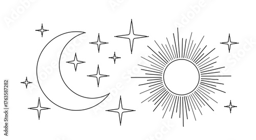 Celestial line art illustration featuring the sun, moon, and stars