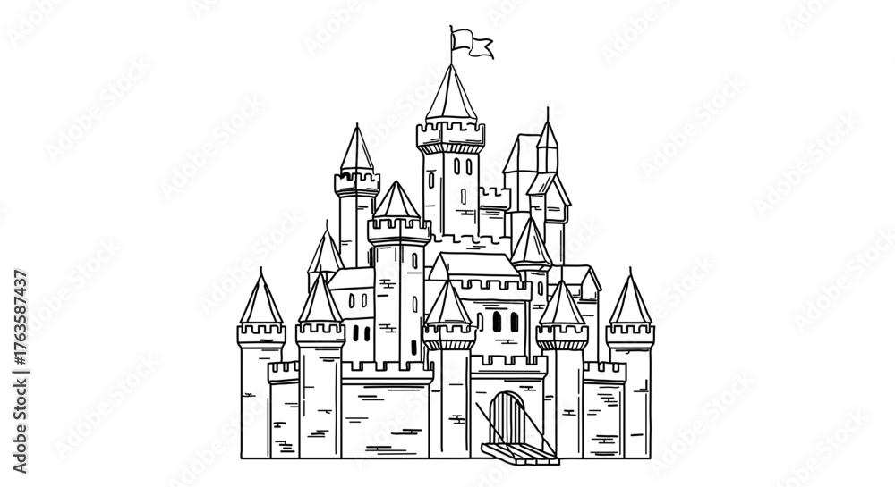 Obraz premium Detailed sketch of a majestic fairytale castle with towers and flags