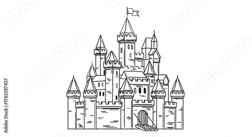 Detailed sketch of a majestic fairytale castle with towers and flags