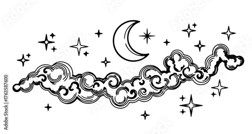 Whimsical crescent moon and stars, a dreamy celestial design for night sky lovers