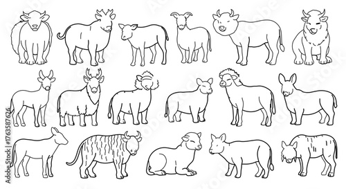 Collection of various hand drawn cattle breeds, showcasing a range of bovine animals