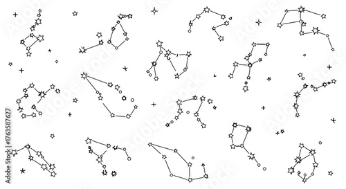 Hand drawn constellation illustration, featuring various star patterns and celestial maps