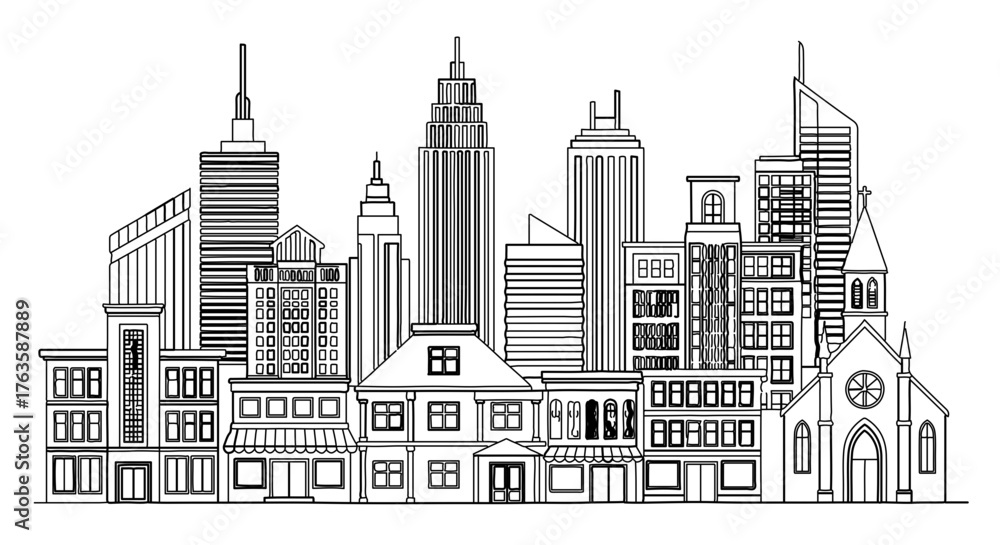 Obraz premium Detailed black and white skyline of a city with various buildings