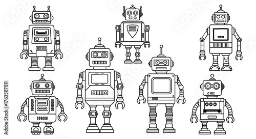Collection of retro robot characters in a line art style design