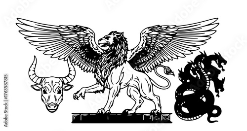 Mythological creatures illustration, featuring a griffin, hydra, and bull in black and white
