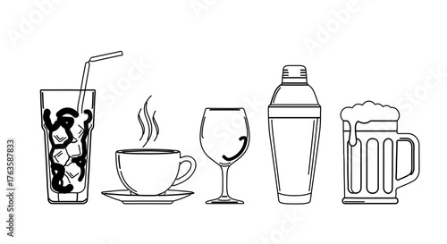 Various beverages in line art style, including coffee, beer, wine, and cocktails