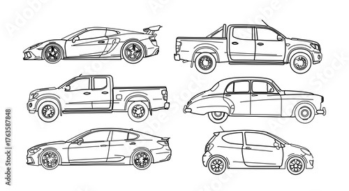 Hand drawn vector illustration of different car models, perfect for coloring book