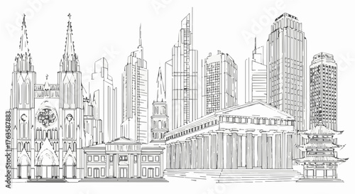 Detailed line art illustration of a diverse cityscape featuring famous buildings
