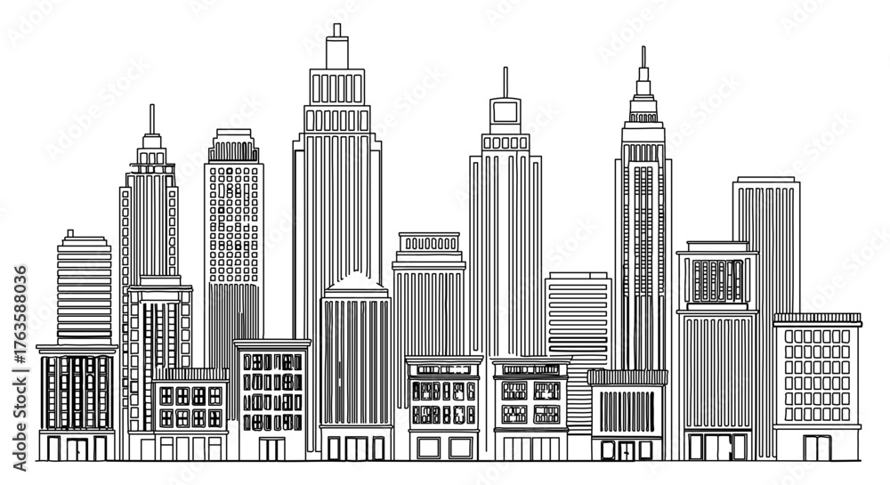 Fototapeta premium Cityscape with skyscrapers, hand drawn sketch style vector illustration