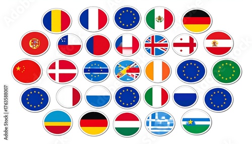 Arrangement of diverse international emblems within circular frames, displayed on a clean white backdrop, representing various nations Free Download Arrangement of diverse international emblems within circular frames, displayed on a clean white backdrop, representing various nations - GFXLoad