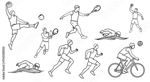 Hand drawn illustration of various sports, including basketball, tennis, and swimming