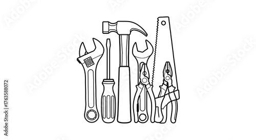 Collection of various hand tools, line art illustration of different equipment