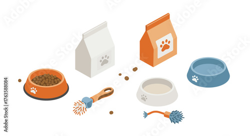 Isometric pet supplies: food, bowls, and toys for cats and dogs in modern design