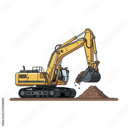 Yellow heavy construction excavator digging a pile of dirt.