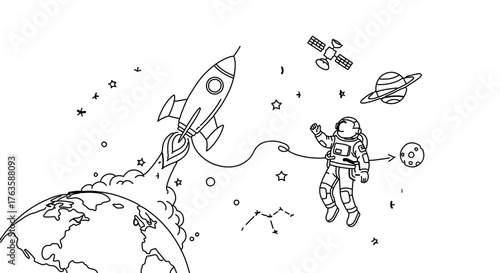Astronaut in space with rocket and planet, space exploration line art concept