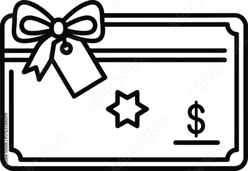 Outline Icon of Gift Card or Voucher with Ribbon Bow Tag and Dollar Sign