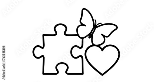 Puzzle piece, heart, and butterfly outline, symbolizing love, support, and transformation