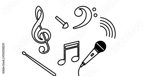 Music instrument and symbol icons, including notes, microphone, and drumstick