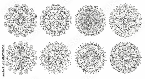 Collection of intricate mandala designs in black and white line art