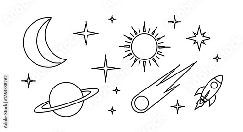 A collection of space elements, including moon, sun, stars, planet, rocket, and comet