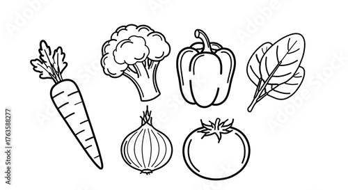 A variety of fresh vegetables including carrot, broccoli, pepper, spinach, onion, and tomato