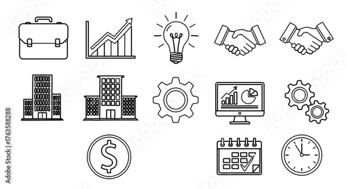 Business and finance icons set, hand drawn vector illustration contains briefcase, graph, light bulb, handshake, building, gear, computer, money, calendar, clock