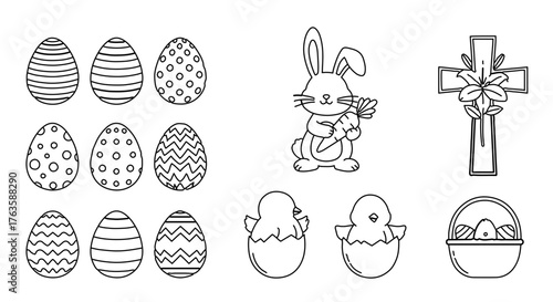 Easter themed drawings including eggs, bunny, cross, and chicks happy easter concept