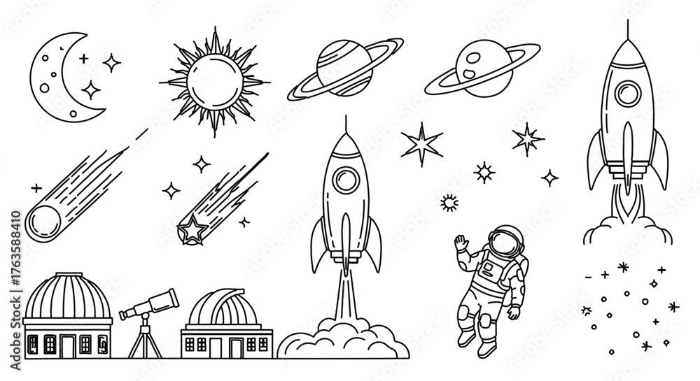 Fototapeta premium Space exploration elements, including planets, rockets, stars, and astronaut