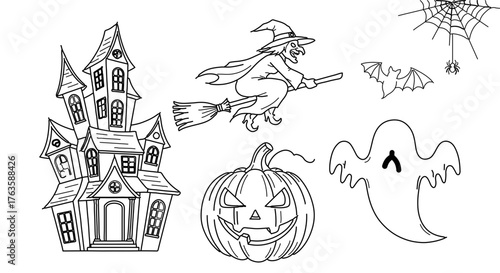 Halloween themed illustrations, featuring a haunted house, witch, and pumpkin