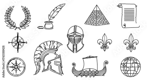 Collection of historical and cultural symbols, including ancient helmet and ship