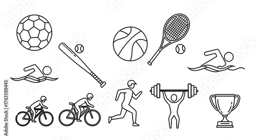 Sports equipment and athletes doing sports soccer, baseball, tennis, swimming, cycling