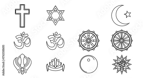 Line art illustration featuring symbols of various world religions