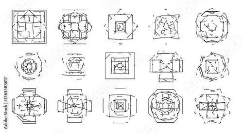 Collection of architectural sketches, showcasing different building designs and layouts