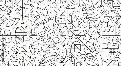 Abstract geometric pattern with floral and geometric shapes in black and white