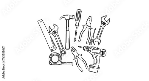 Hand drawn tools a set of hand tools for repair and construction work
