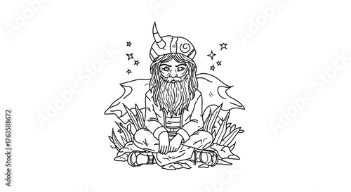 Hand drawn fantasy character a mystical creature with beard and horns
