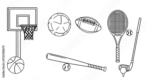 Sports equipment line art, including basketball, baseball, tennis, and golf equipment