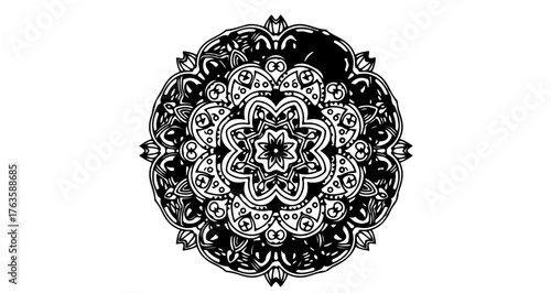Detailed mandala illustration, featuring intricate patterns and floral elements