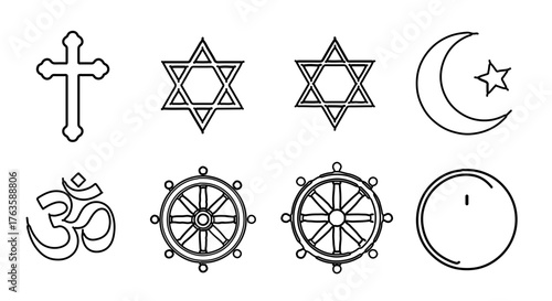 Collection of religious symbols representing diverse spiritual beliefs and traditions