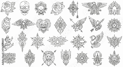 Collection of intricate tattoo designs, featuring roses, skulls, eagles, and lions