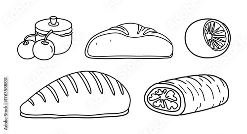 Illustration of various baked goods, including bread, pastries, and a jar of cherries