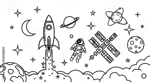 Space themed coloring page featuring rocket, astronaut, planets, stars and satellite