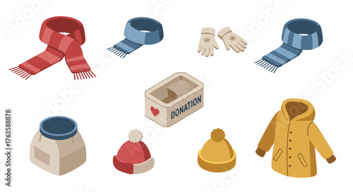 Winter clothing and charity box in isometric style for donations and warmth