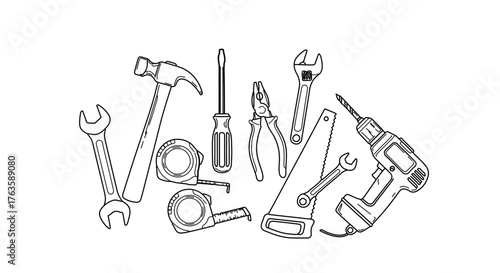 Hand drawn set of construction tools, vector illustration in sketch style