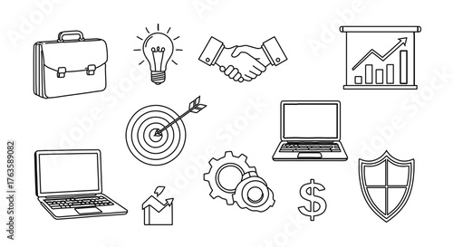Hand drawn set of business icons, vector illustration in sketch style