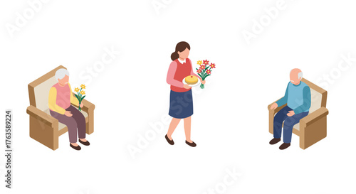 Isometric scene of elderly couple sitting with woman offering flowers and cake