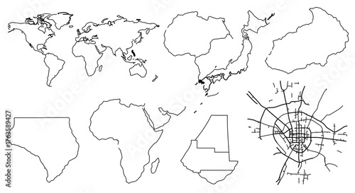 World map and various outlines of continents and regions vector illustration