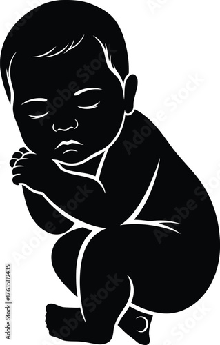 Sleeping Newborn Baby Silhouette Vector Logo Design Fetal Position Black and White Illustration