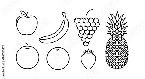 Simple line drawing of various fruits including apple, banana, grapes, pineapple